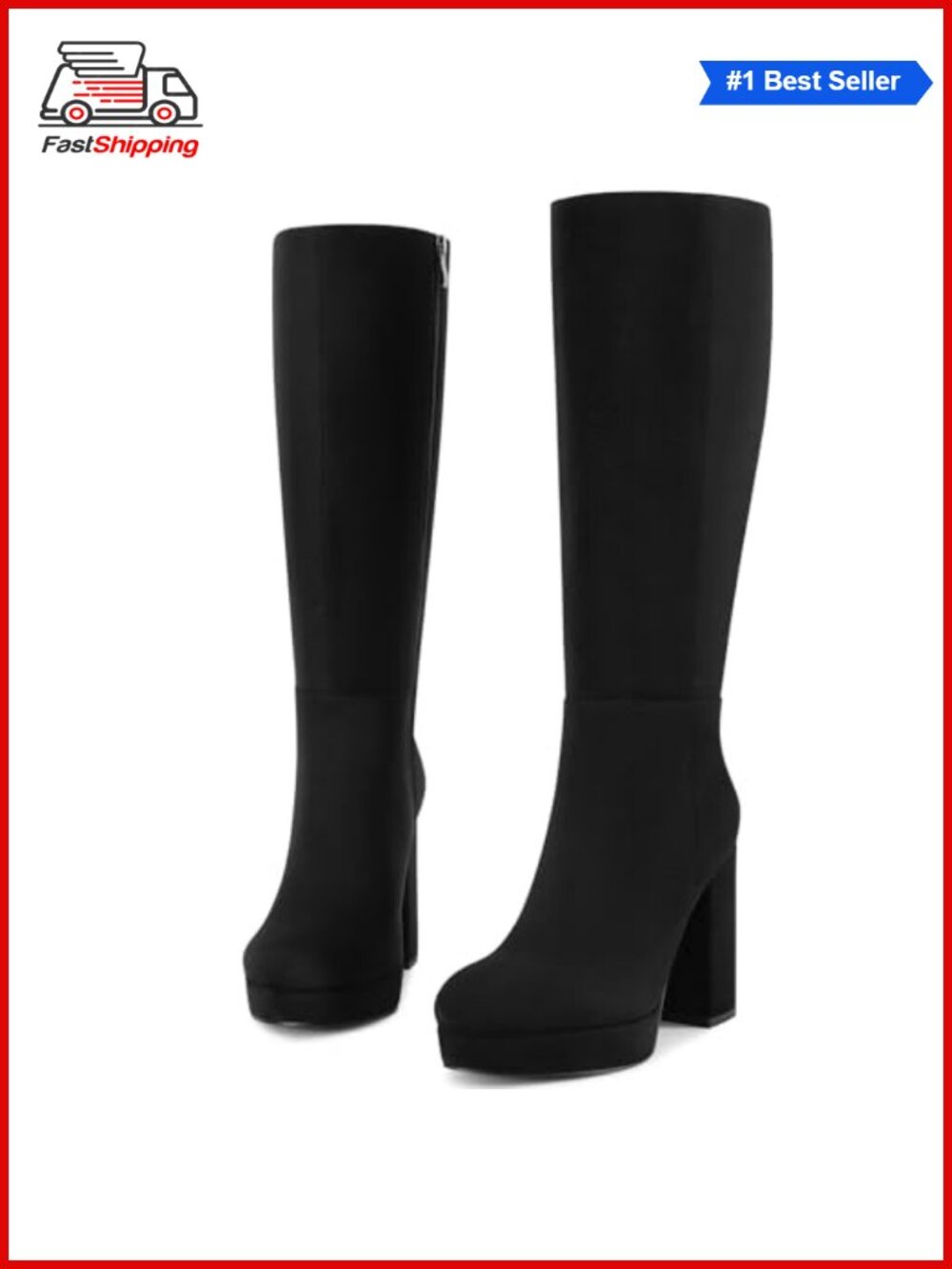 β¨ zhsrin Women's Platform Knee High Boots Chunky Heel Side Zipper Faux Leather